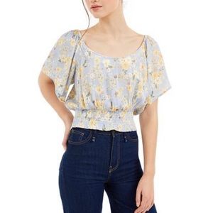 Hippie Rose Light Blue Floral Smocked Waist Crinkle Blouse